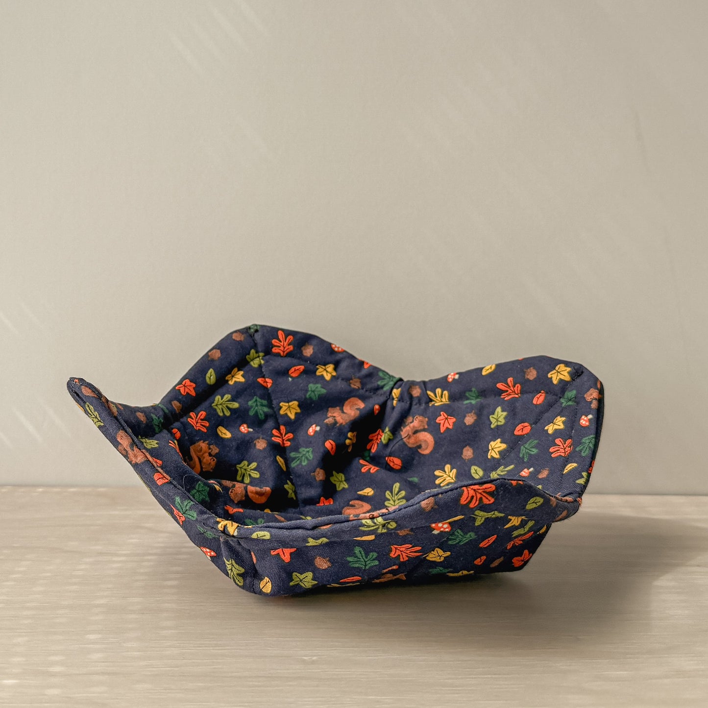 Blue Bowl cozy squirrels leaves on a neutral background