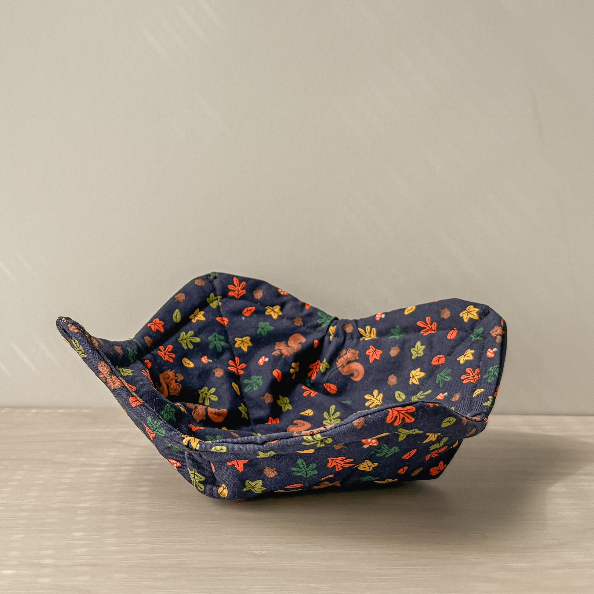Blue Bowl cozy squirrels leaves on a neutral background